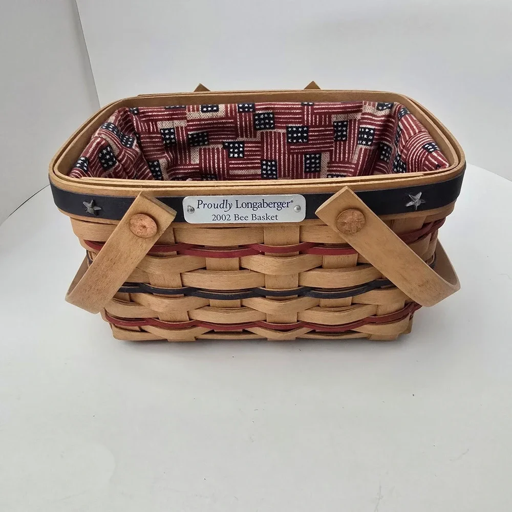 Longaberger 2002 Bee Basket Old Glory Drawstring Liner Family Signatures